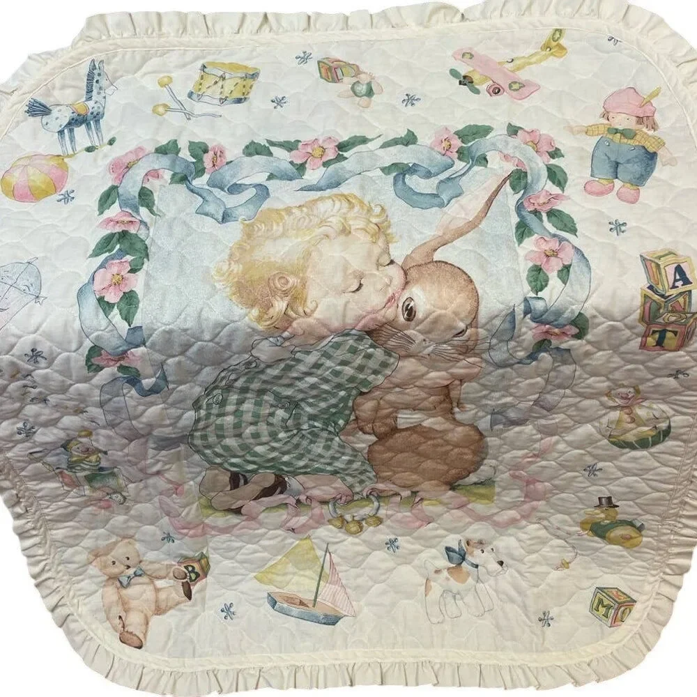 Vintage Handmade Baby Rabbit Toys Bears Sailboat Ruffled Edge Quilt Crib Blanket